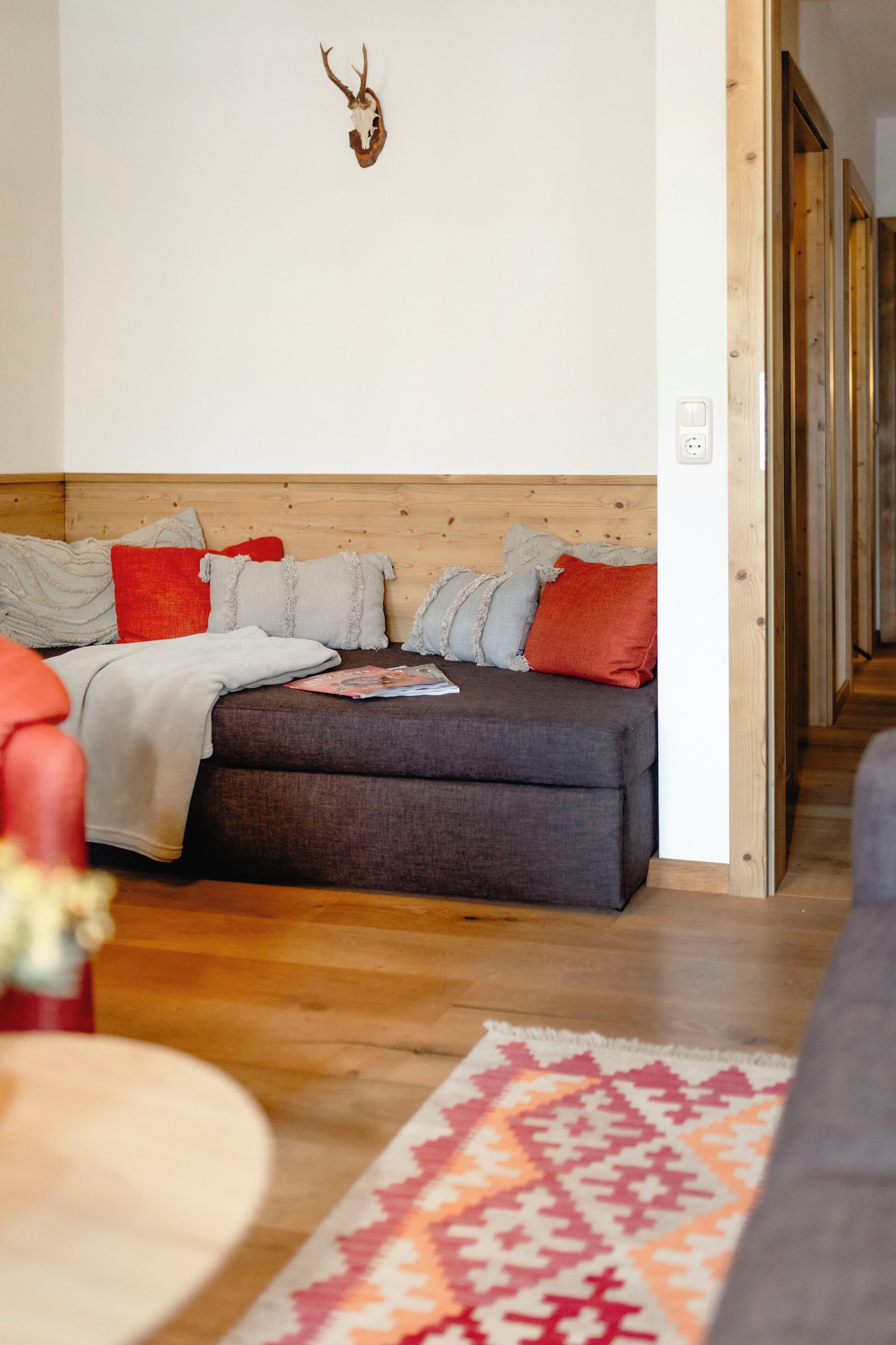 A cozy living room with a sofa, a patterned rug, and a wall-mounted deer skull.