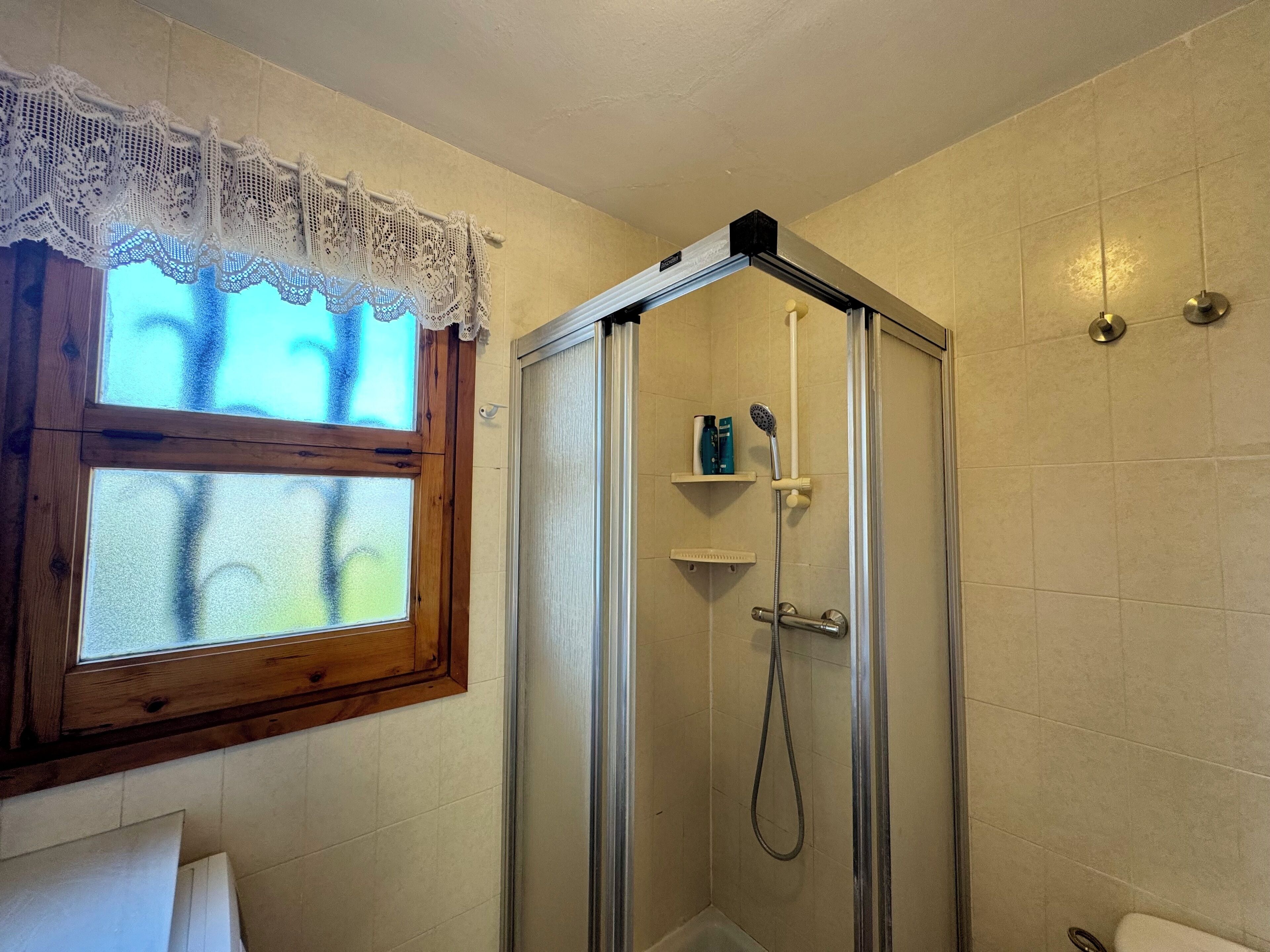 Une douche avec une porte en verre, une fenêtre à carreaux dépolis et une étagère contenant des articles de toilette.