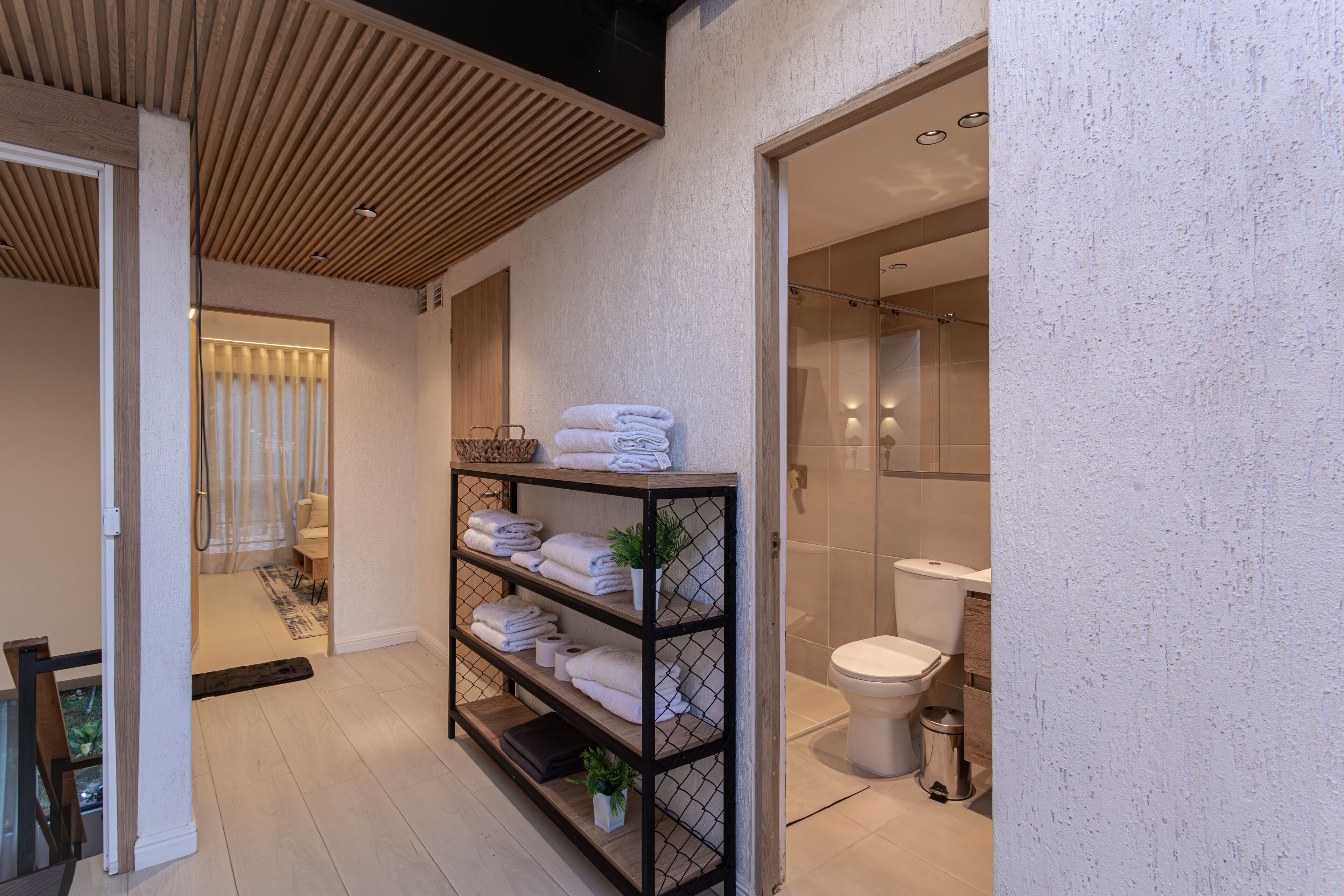 Hair dryer, towels, soap, shampoo