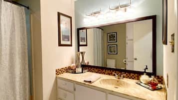 Hair dryer, towels, soap, shampoo