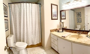 Combined shower/tub, hair dryer, towels, soap