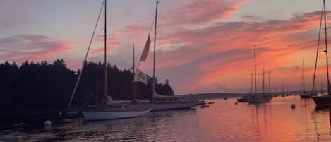 A marina with several sailboats docked at sunset.