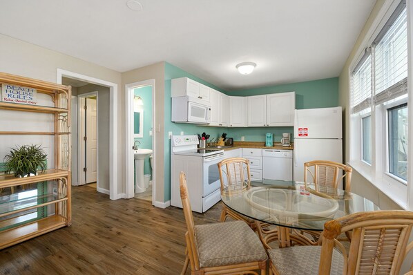 Fridge, microwave, oven, dishwasher