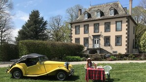 A vintage yellow car parked on grass with a dog and a table with a red tablecloth.