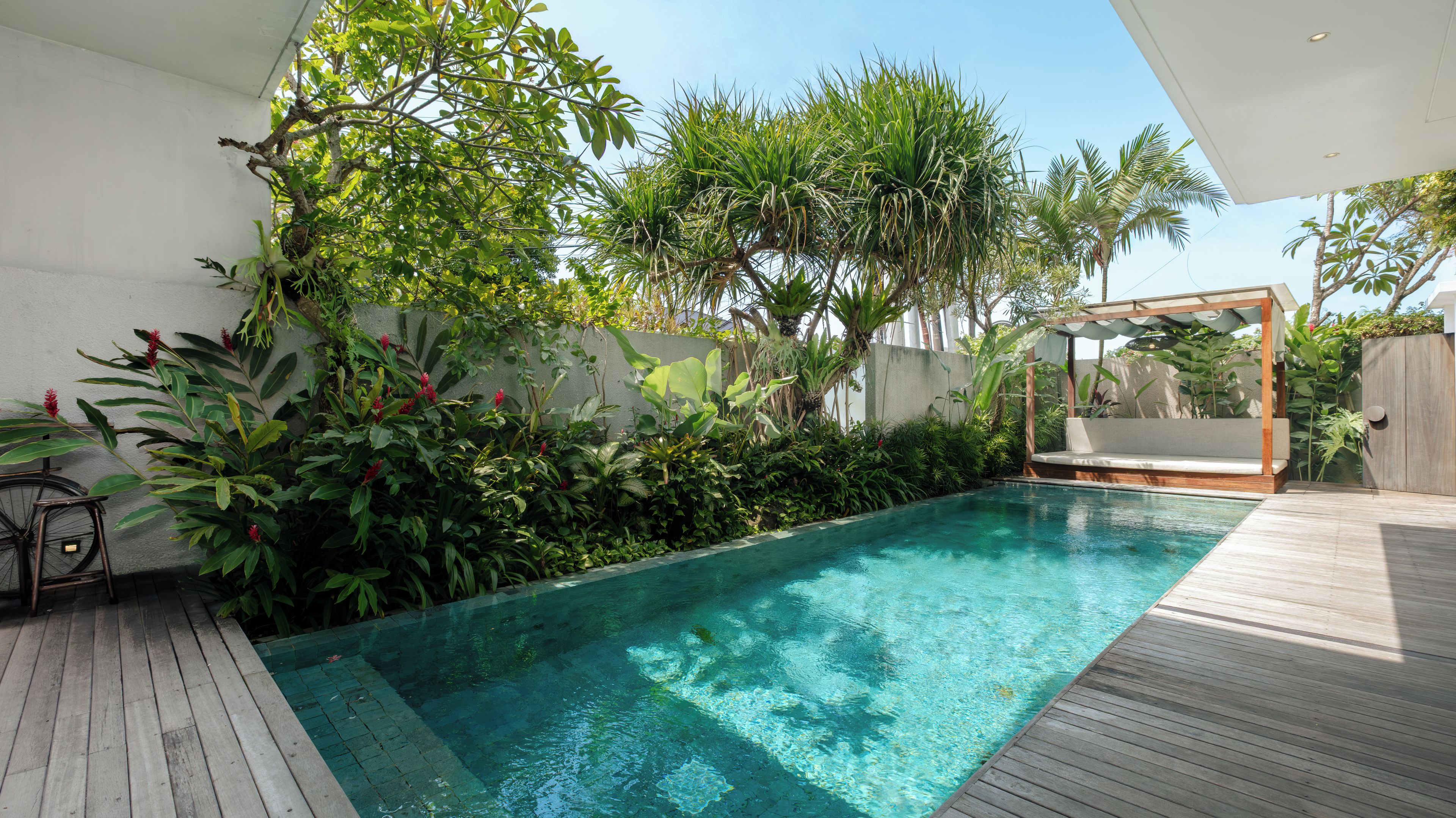 A modern outdoor pool area with a wooden deck, surrounded by lush greenery and a wooden pergola.