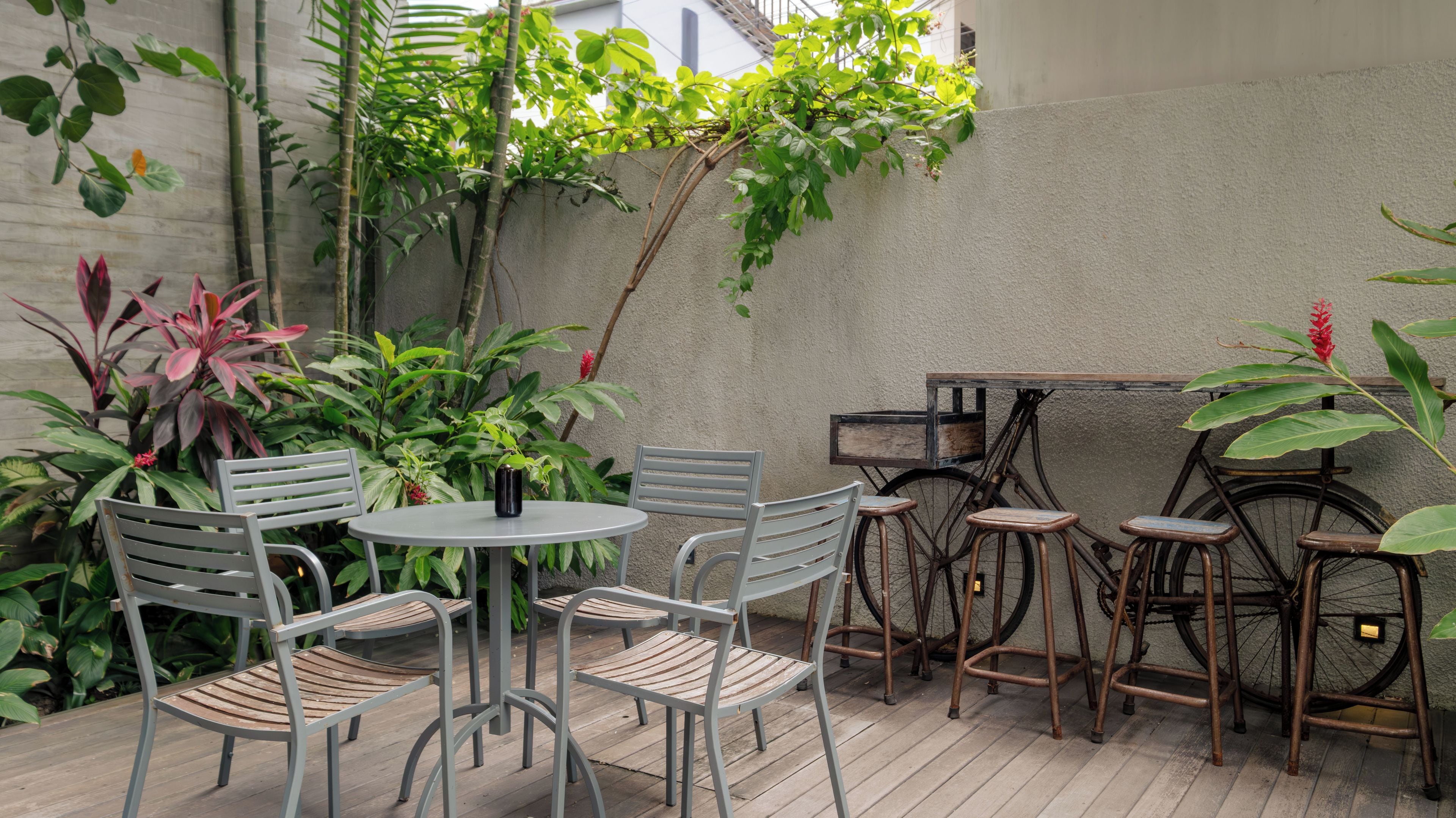 An outdoor patio with a round table and chairs, a bicycle, and various plants.