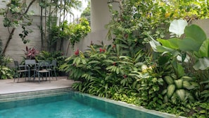 Una piscina rodeada de abundante vegetación y un espacio de descanso con sillas.