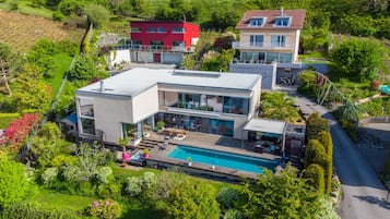 Outdoor pool, pool umbrellas, pool loungers