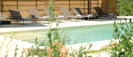 Seasonal outdoor pool, open 9:00 AM to 8:00 PM, pool loungers