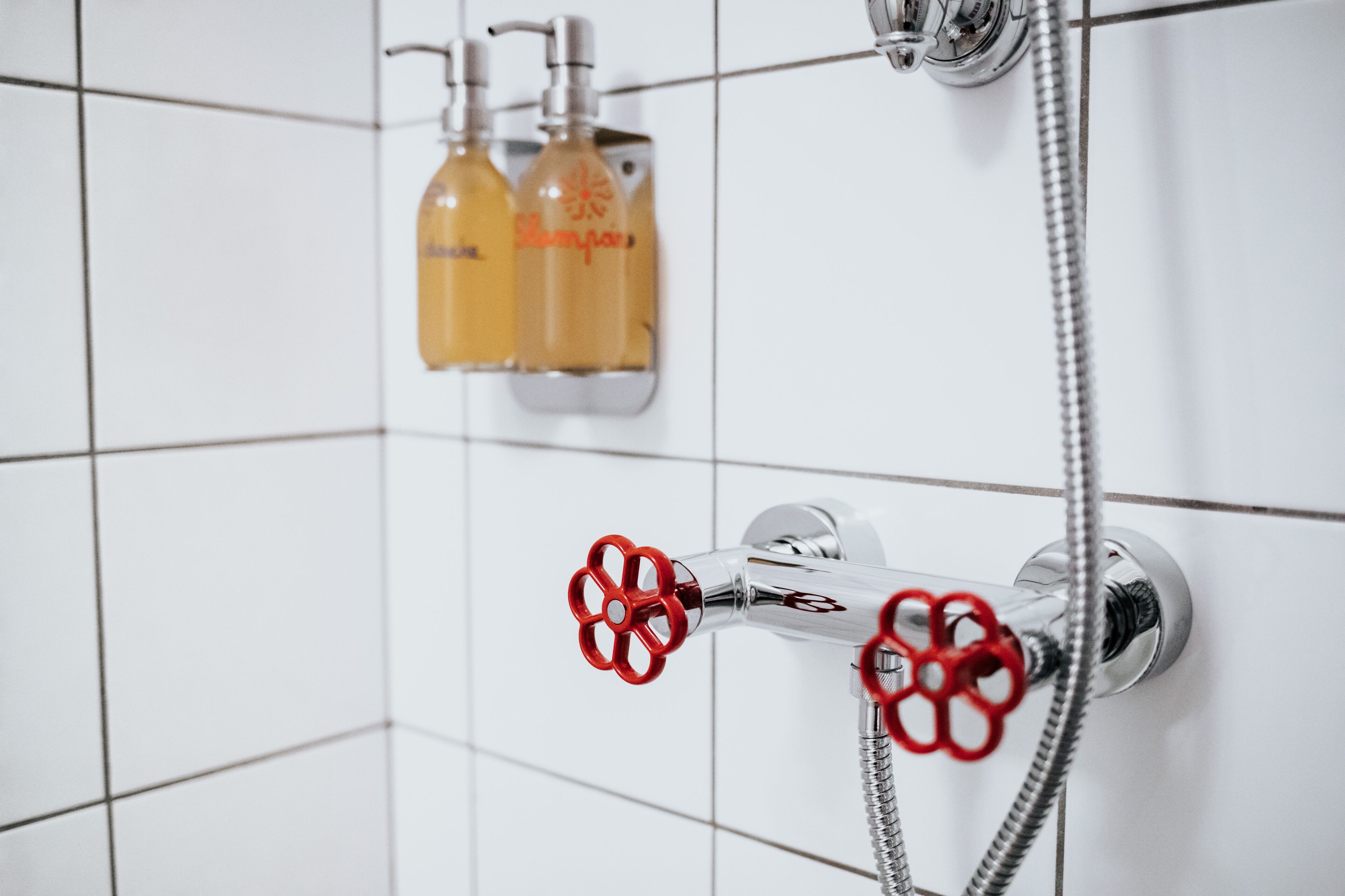 A shower with a chrome faucet and red handles, and two bottles of shampoo on the wall.