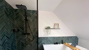 Eco-friendly toiletries, hair dryer, towels, toilet paper