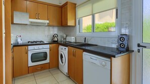 A compact kitchen with wooden cabinets, a gas stove, a washing machine, and a dishwasher. - Villa Camelia by Villa Plus (Peyia)