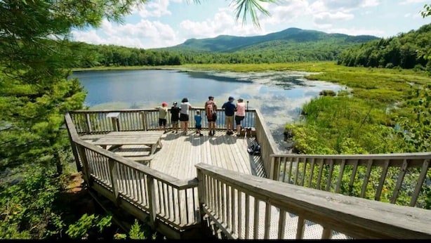 A wooden observation deck overlooking a river with a forested landscape in the background. - Most Equipped! - Condo le mieux équipé - Orford QC (Orford)