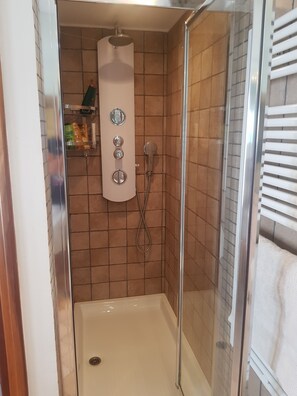 Chuveiro, secador de cabelo, bidê, toalhas de banho