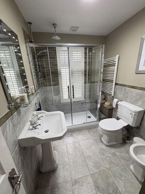 Hair dryer, towels, toilet paper