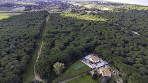 Vista aerea di una zona boschiva con un piccolo gruppo di edifici, tra cui una casa con tetto in tegole e un'area pavimentata con un campo sportivo.