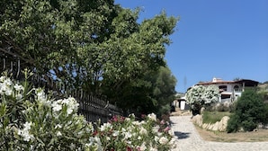 A paved pathway lined with flowering shrubs and a fence. - Apartment Runcina 1 with Sea View, Wi-Fi and Shared Pool (San Teodoro)