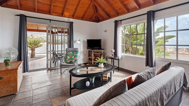 A spacious living area with a wooden ceiling, large windows, a sofa, a coffee table, and a television.