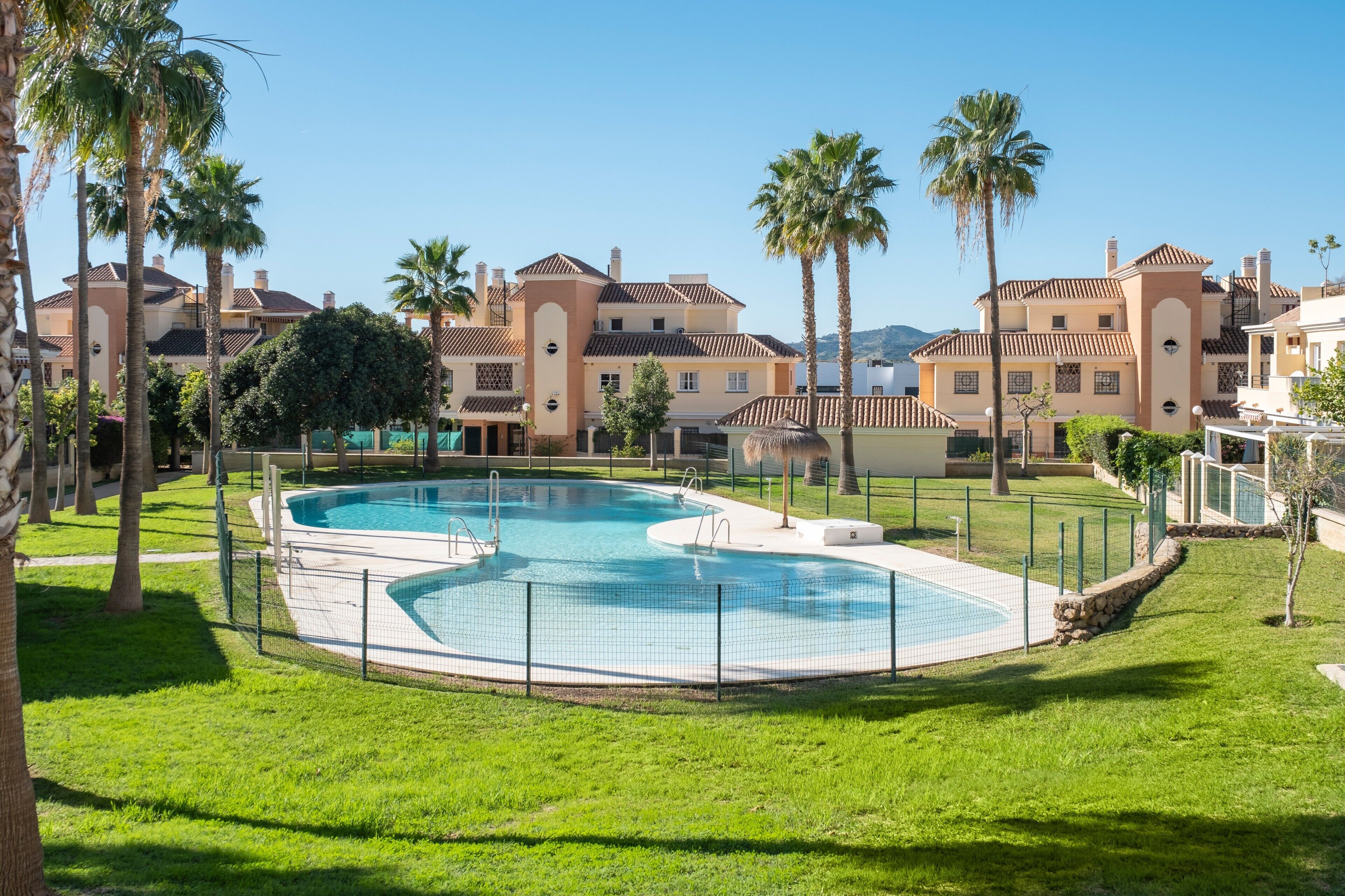 A swimming pool surrounded by a fence, with palm trees and a building complex in the background.