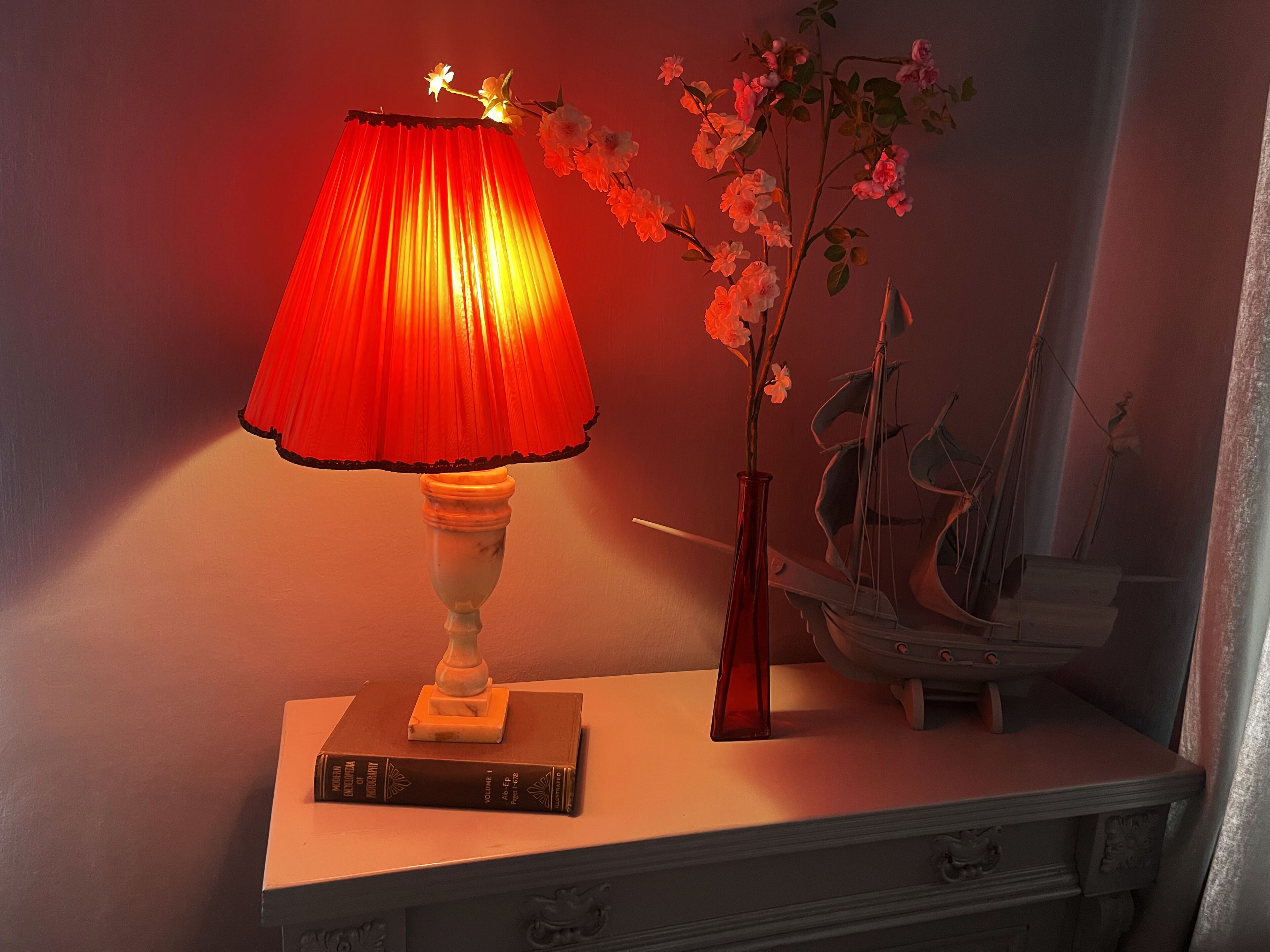 Une table avec une lampe rouge, un livre intitulé « L’évolution moderne de la photographie » et un vase rempli de fleurs.