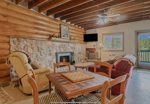 Smart TV, fireplace, table football, books