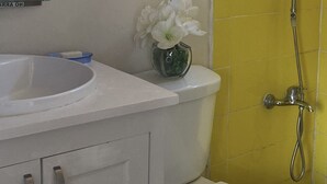 A bathroom with a white toilet, a sink, and a shower. - Ocean front. Kiters hotel (Buen Hombre)