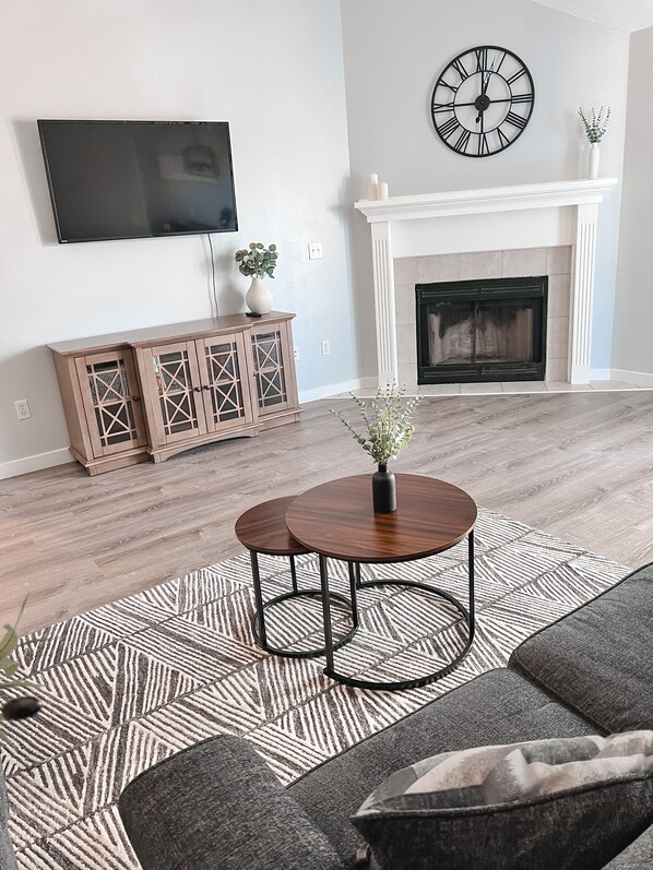 Smart TV, fireplace, books