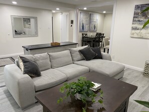 Smart TV, fireplace, foosball