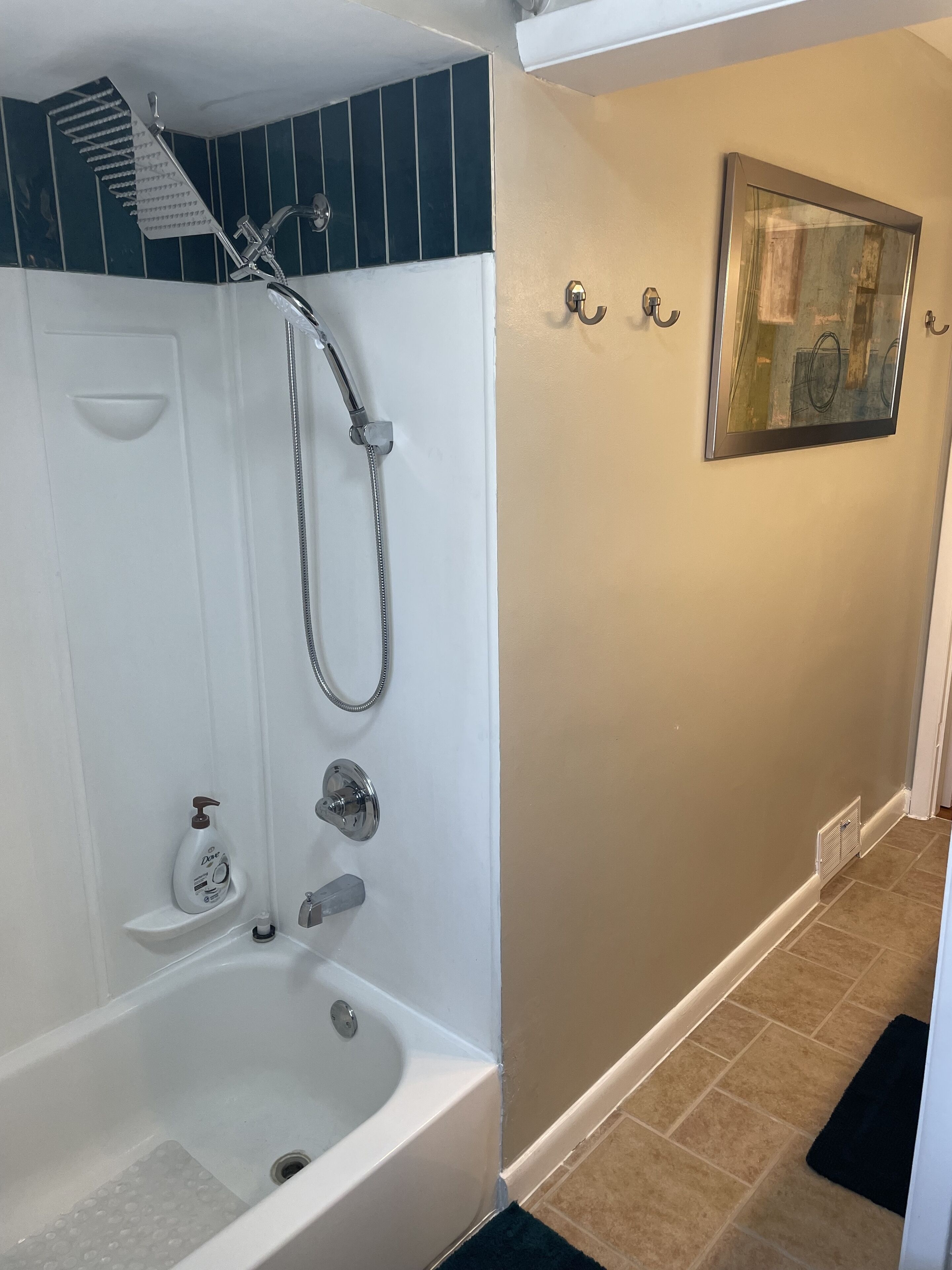 Une salle de bain équipée d’une baignoire, d’une douche et d’un miroir fixé au mur.