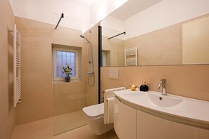 Douche, sèche-cheveux, serviettes fournies, shampoing