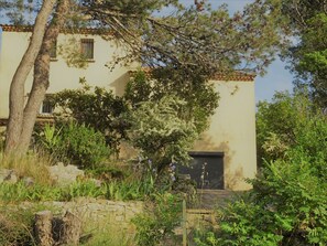 Un bâtiment avec un mur en pierre, un arbre et diverses plantes.