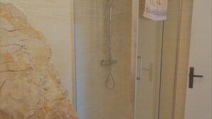 A glass-enclosed shower area with a stone wall and a door with a giraffe-patterned curtain. - Bas de villa near Calanques de Cassis in quiet subdivision (Carnoux-en-Provence)