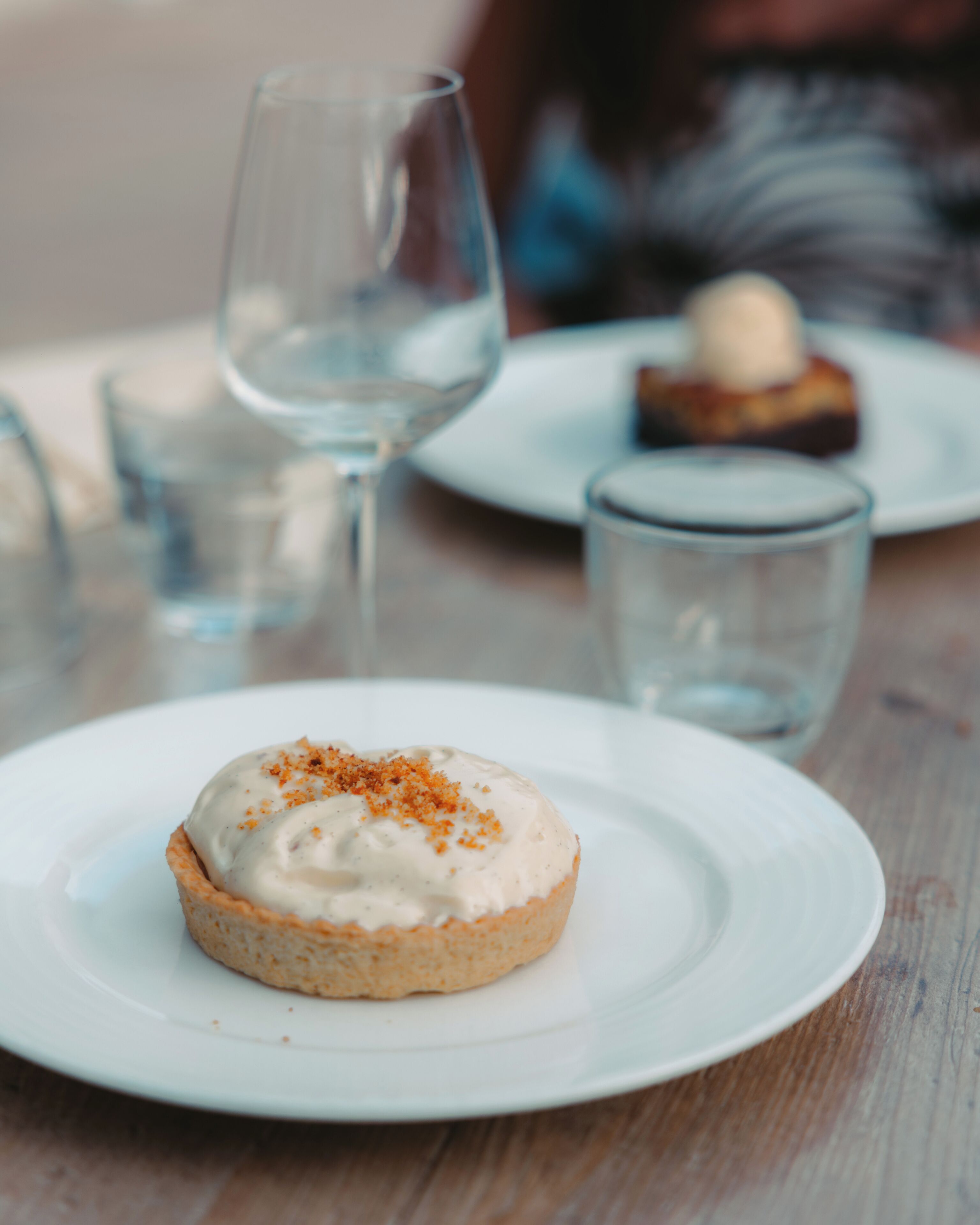 A dessert on a white plate with a glass of water and a glass in the background.
