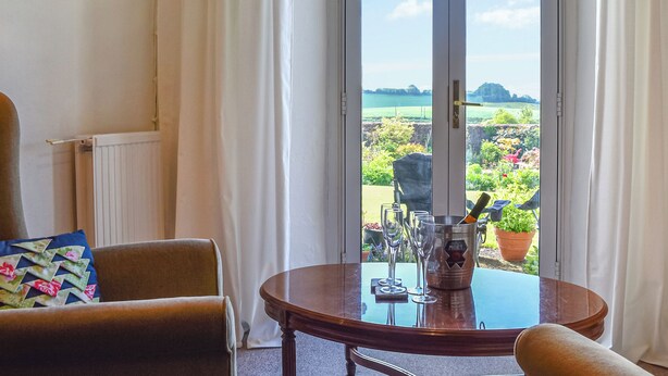 Une pièce avec vue sur un paysage verdoyant, une table avec une bouteille et des verres, et une chaise avec un coussin.