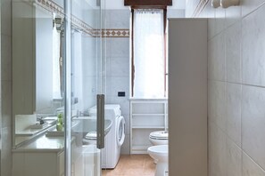 Shower, hair dryer, bidet, towels