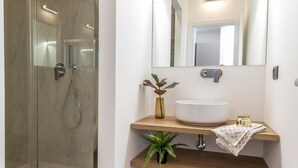 Un baño con ducha de mampara de vidrio, un lavabo blanco sobre una estantería de madera, un espejo sobre el lavabo y una planta pequeña en la estantería.