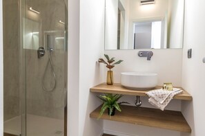 Un baño con ducha de mampara de vidrio, un lavabo blanco sobre una estantería de madera, un espejo sobre el lavabo y una planta pequeña en la estantería.