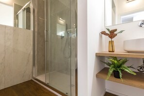 Shower, hair dryer, bidet, towels
