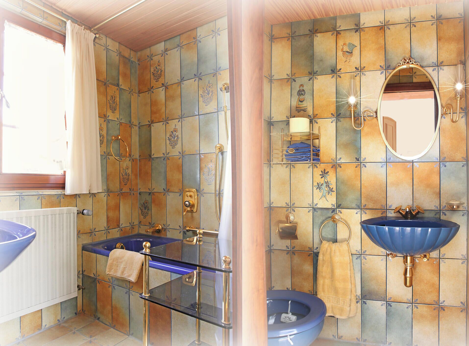 Un bagno con una vasca, un lavandino e uno specchio.