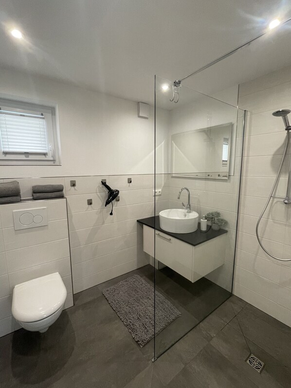 Shower, hair dryer, towels, toilet paper