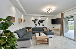 Smart TV, fireplace, foosball