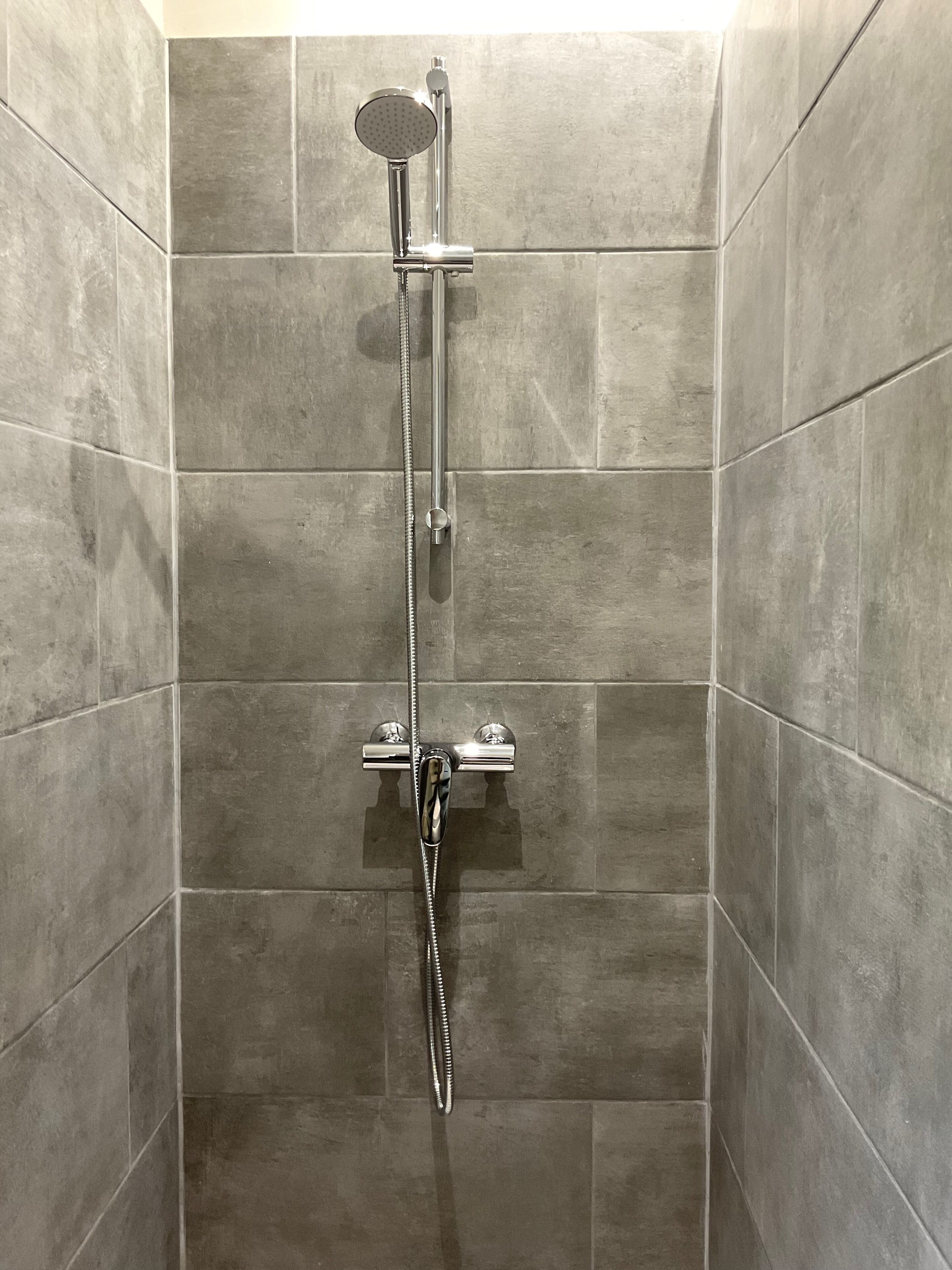 Une douche équipée d’un pommeau de douche à main et d’une douchette à pluie fixée au plafond, le tout installé dans une salle de bain carrelée.
