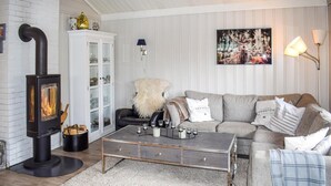 Een gezellige woonkamer met een houtkachel, een wit kastje, een bank met decoratieve kussens, en een schilderij aan de muur.