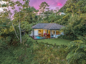 Ein Haus mit Schwimmbecken, umgeben von dichter Vegetation.