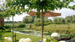 A garden with a pond, white hydrangea bushes, and a pergola with a brown umbrella.