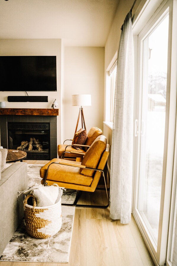 Smart TV, fireplace, books