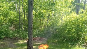 A picnic setup with a fire pit, benches, and a lantern in a wooded area. - Russell's Roost Camping , Boating, Fishing ON Martiny Chain of Lakes. (Barryton)
