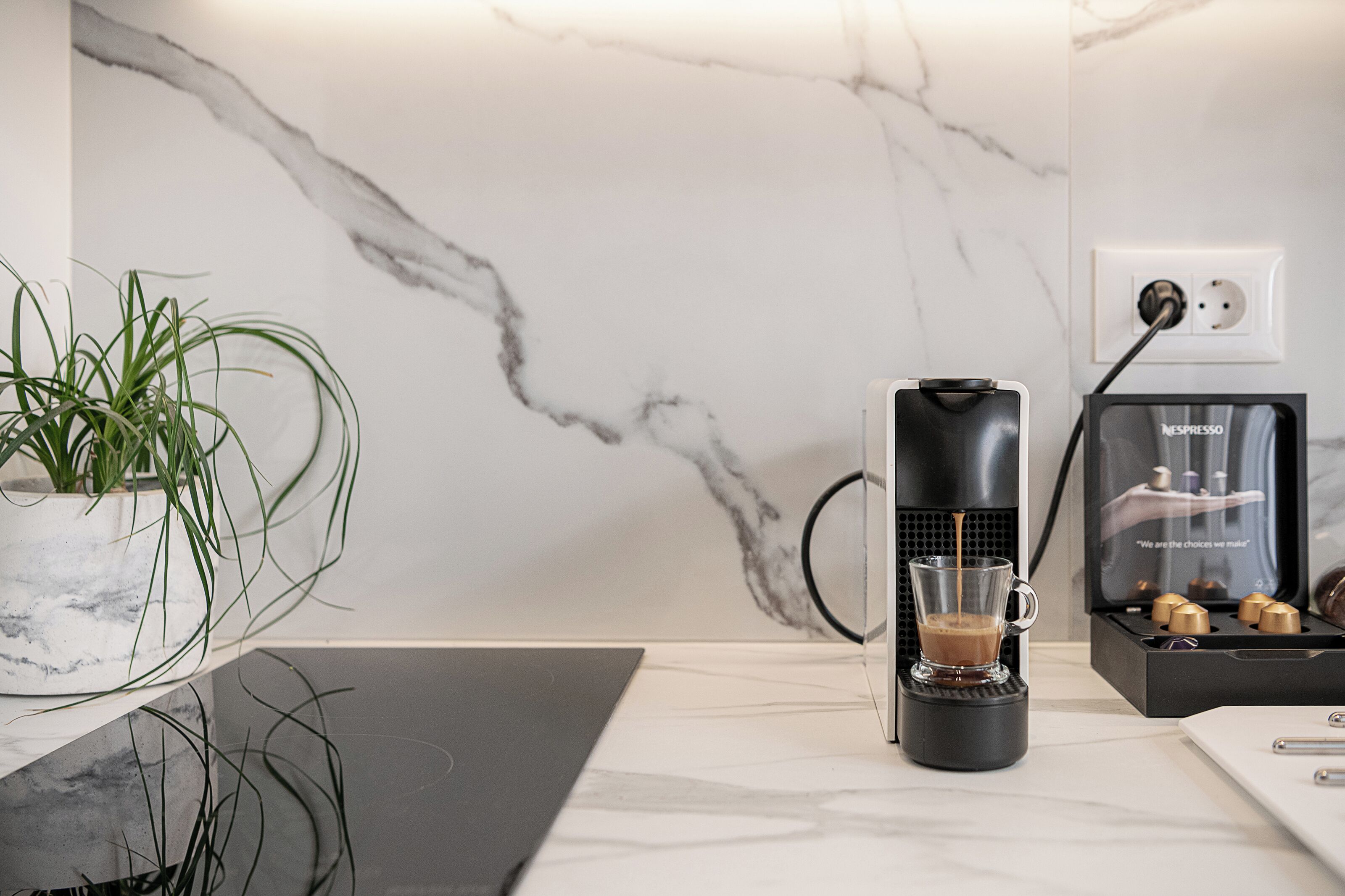 A modern kitchen with a marble backsplash, a coffee machine, and a plant.