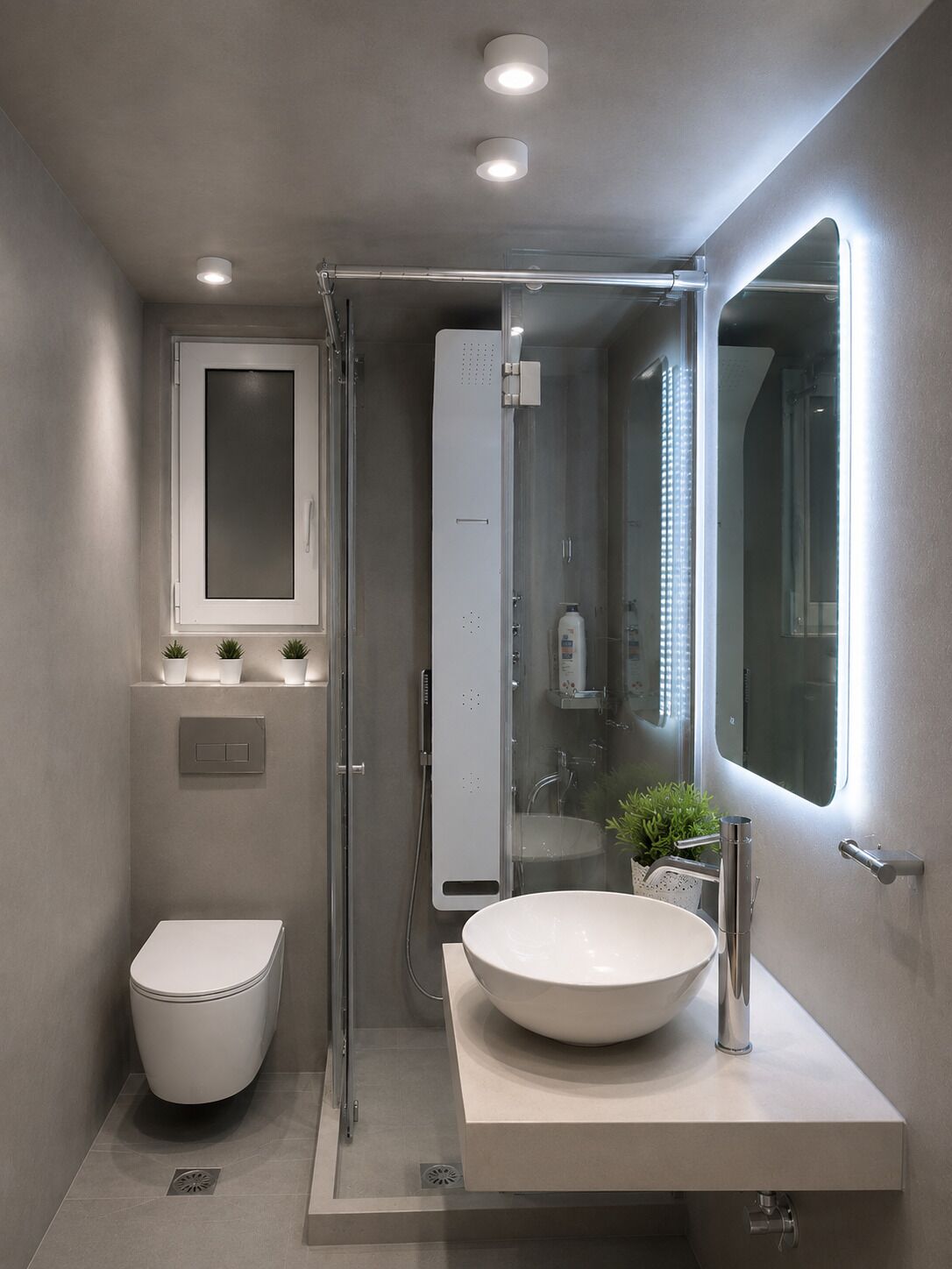 A modern bathroom with a toilet, a large sink, a glass shower enclosure, and a mirror.