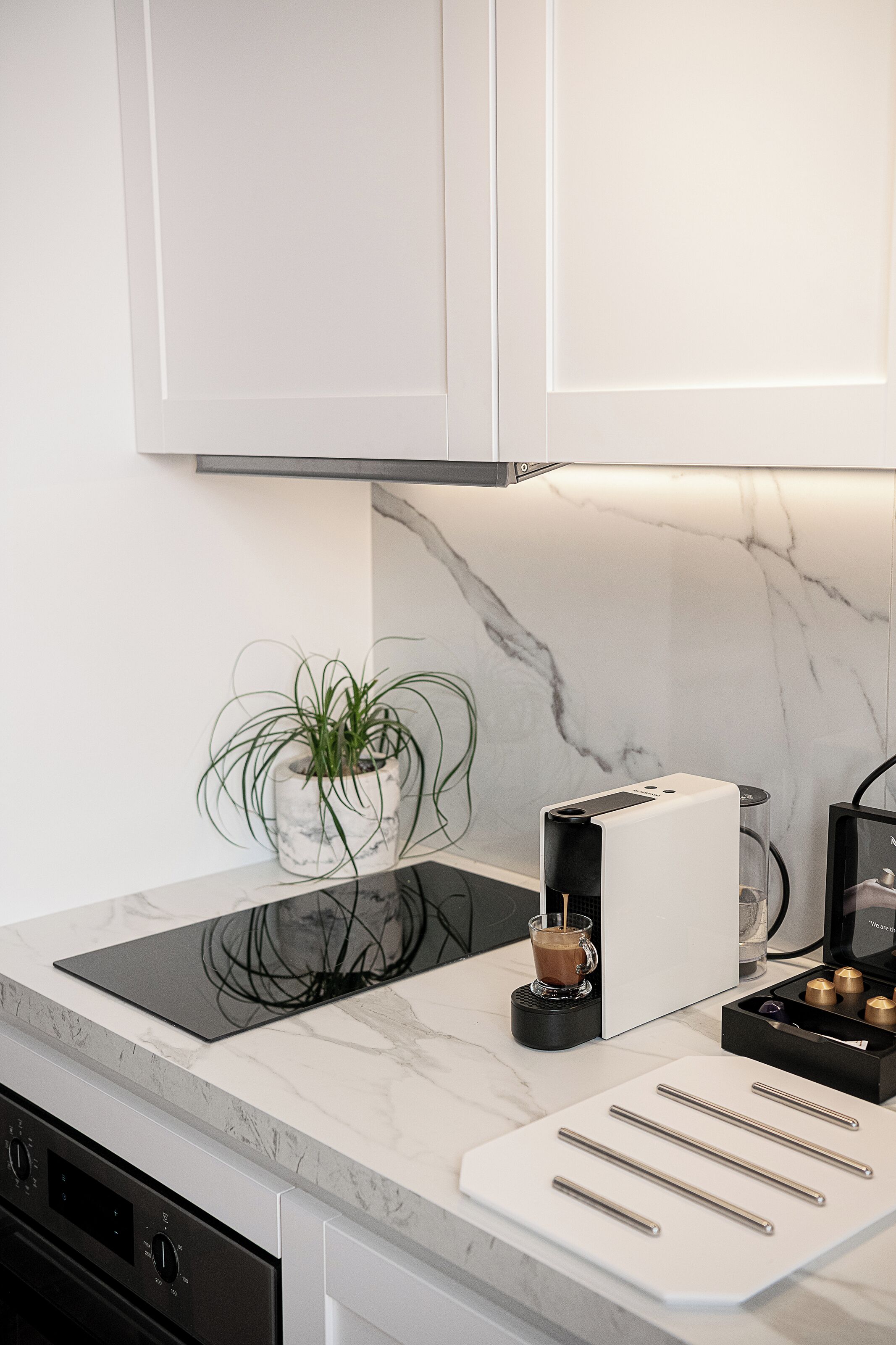 Cozinha moderna com bancada de mármore, cafeteira e planta.